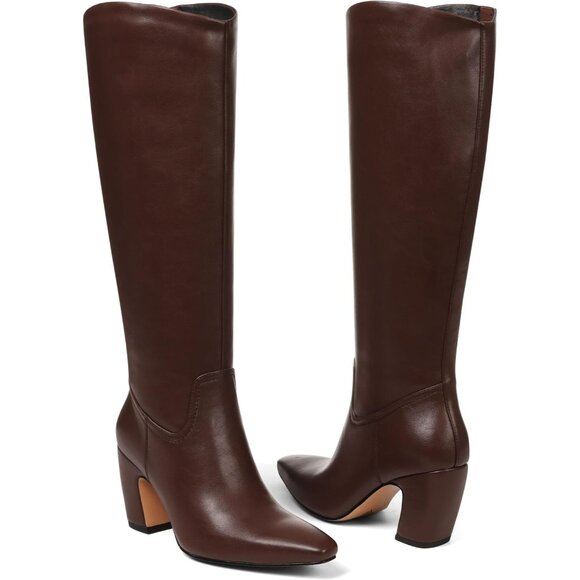 Women's Knee High Brown Boots Square Toe Chunky Heel Wide Calf Tall Zipper Boots - Picture 7 of 7